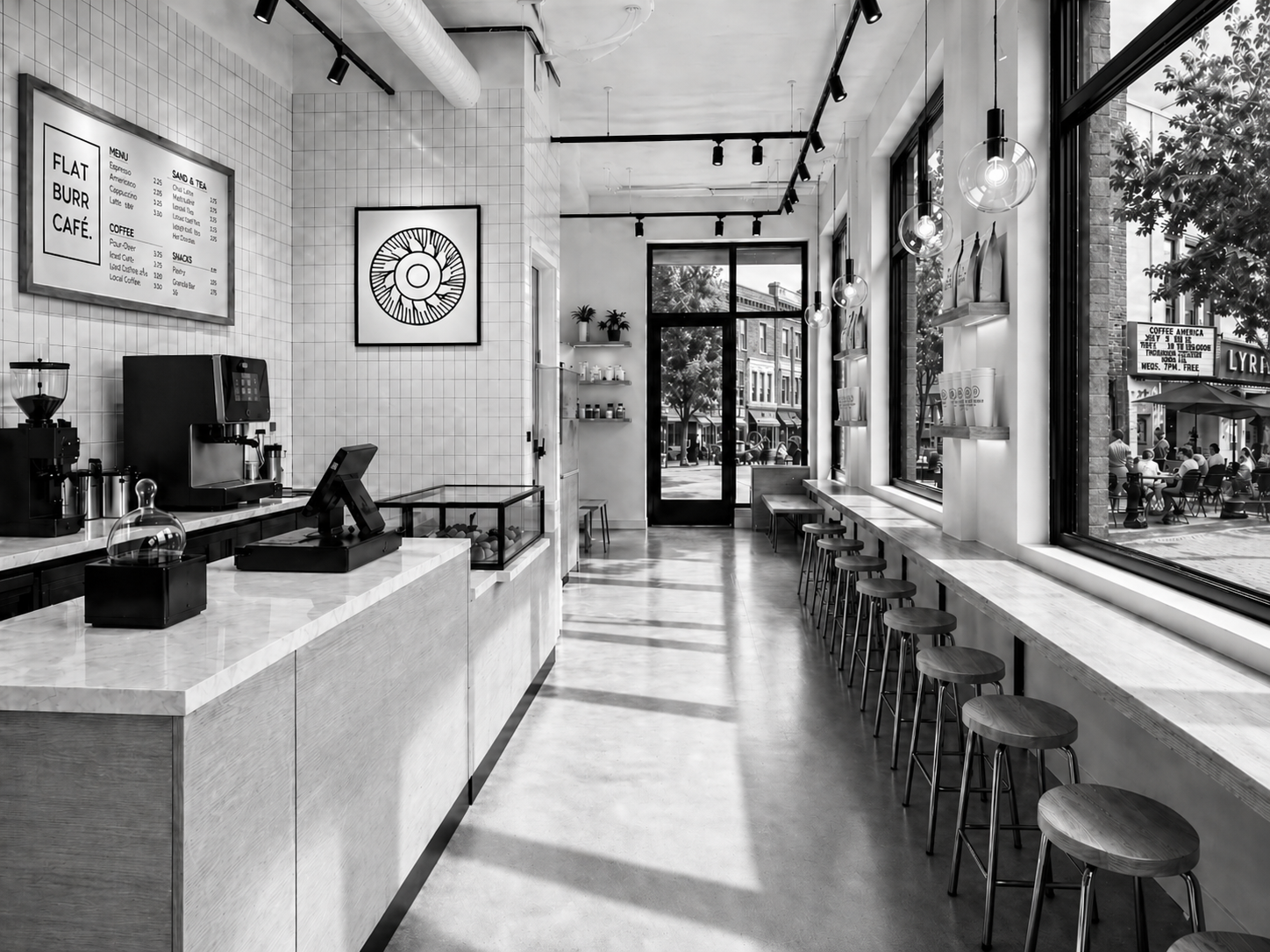 Flat Burr Café model — long view from the counter to the door