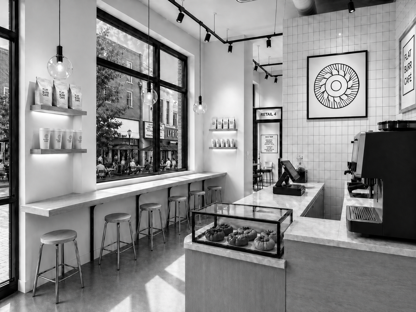 Flat Burr Café model — pastry case and burr-wheel artwork