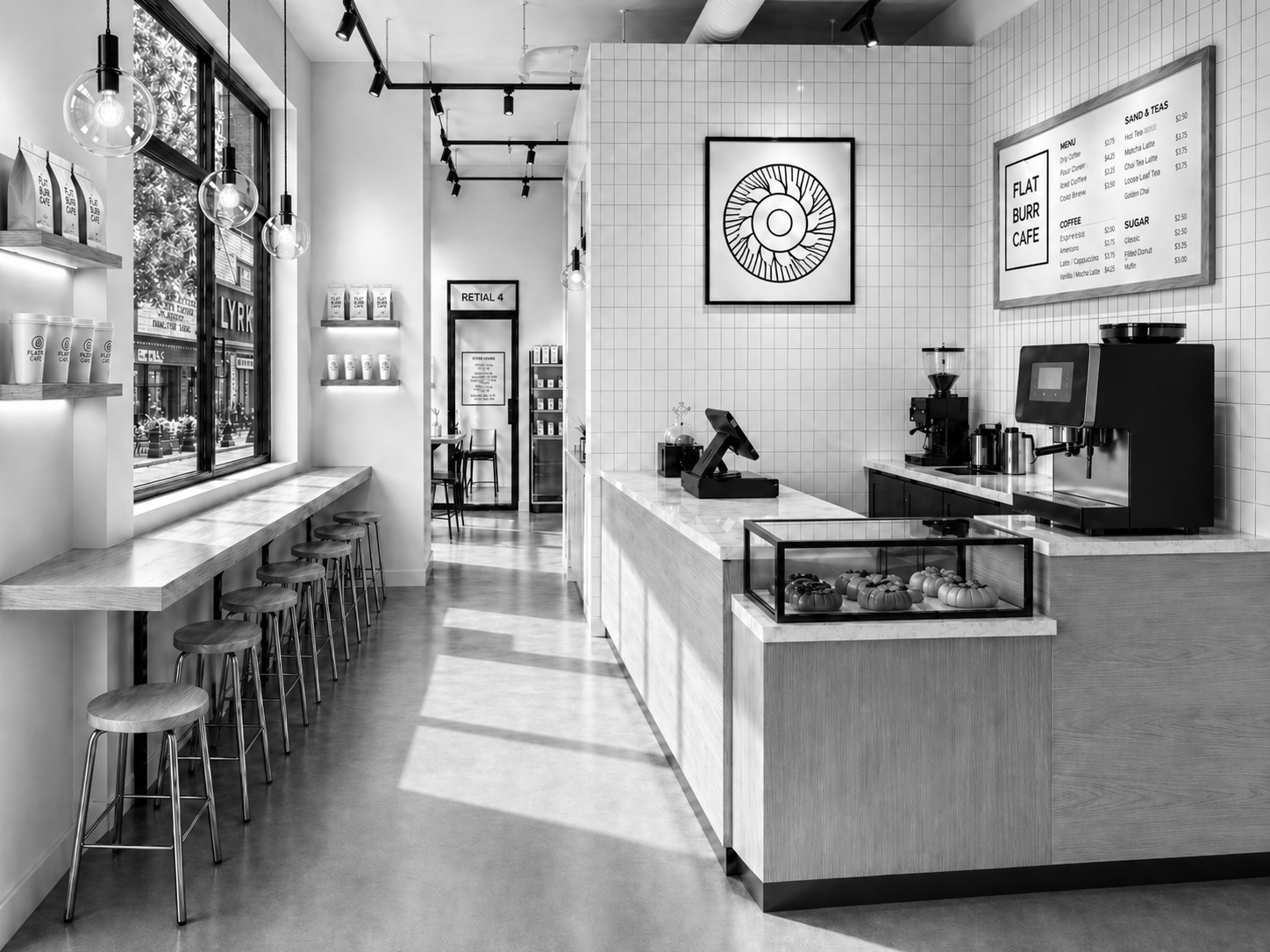 Flat Burr Café model — espresso bar and menu board